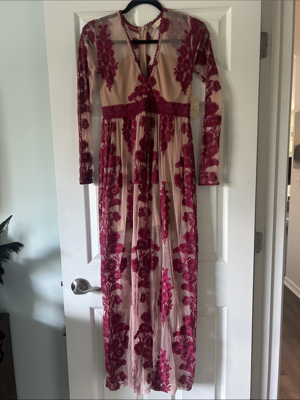 Altar'd State Burgundy Floral Embroidered Maxi Dress on Nude